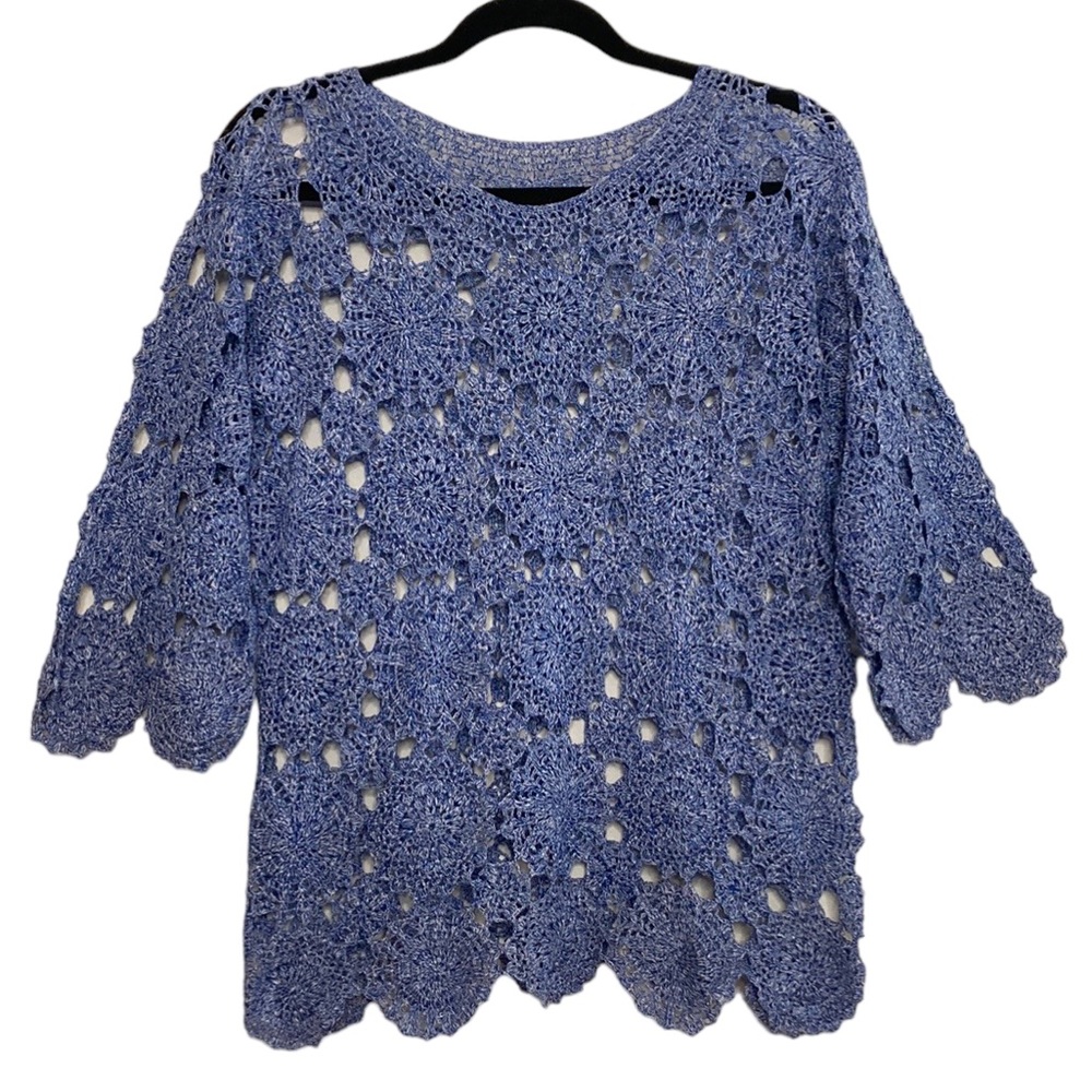 Handmade Top Women Medium Large Blue White Crochet Scallop Blouse Eclectic